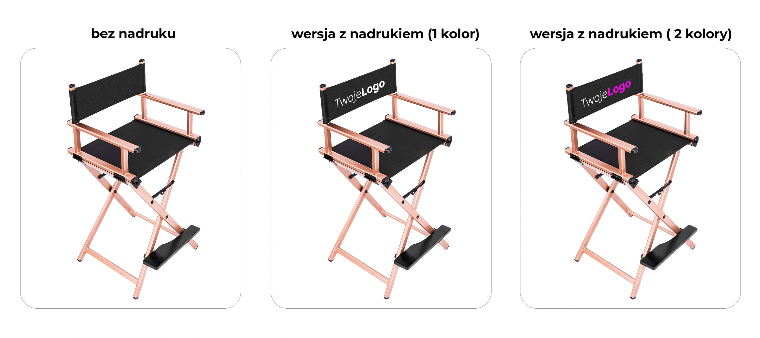 Krzesło Aluminiowe z Twoim LOGO - do Makijażu - Reżyserskie, Salonu, z nadrukiem, Kolor Miedziany